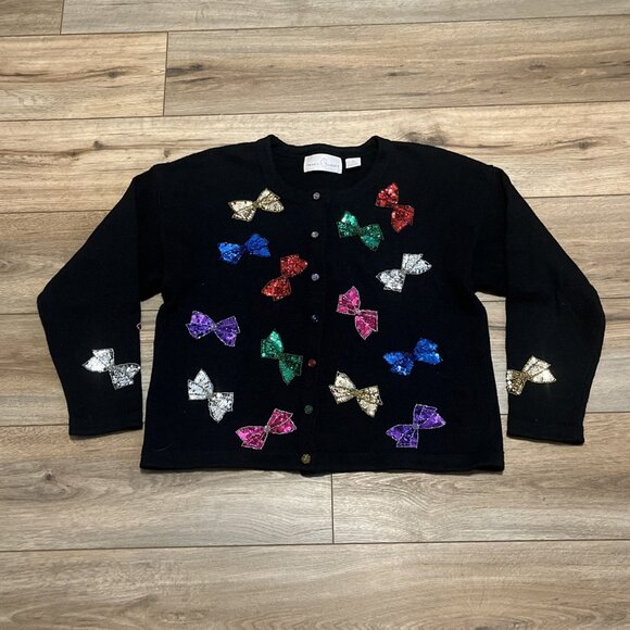 Jane’s Closet Cardigan Sweater SZ Large Sequin Bows 90s Beaded Multicolor - Picture 1 of 11